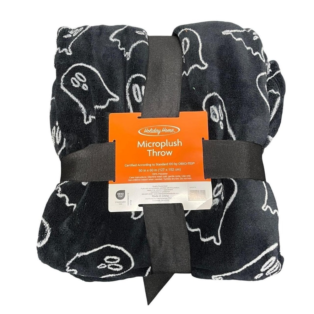 Holiday Home Microplush Throw Blanket Black Ghost Halloween Cozy 50x60